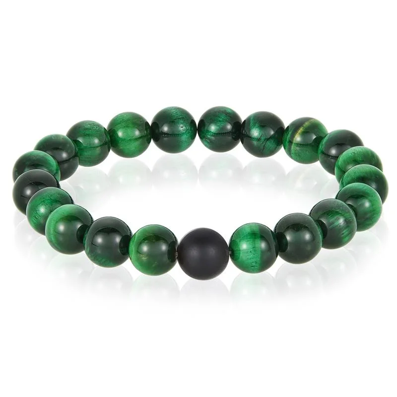 Bold cuff bangles with modern designs and edgy materials for a unique statement -Crucible Los Angeles Polished Green Tiger Eye and Black Matte Onyx 10mm Natural Stone Bead Stretch Bracelet