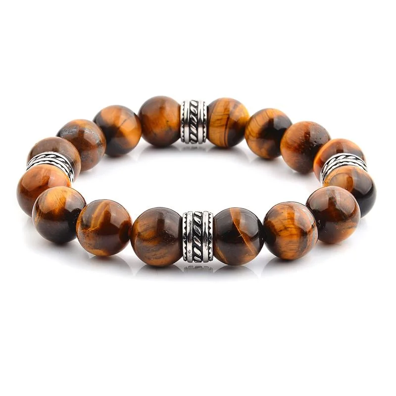 Minimalist sterling silver bracelets with clean, sleek lines for subtle elegance -Crucible Los Angeles Polished Tiger Eye and Steel Tribal Beaded Stretch Bracelet (12mm)