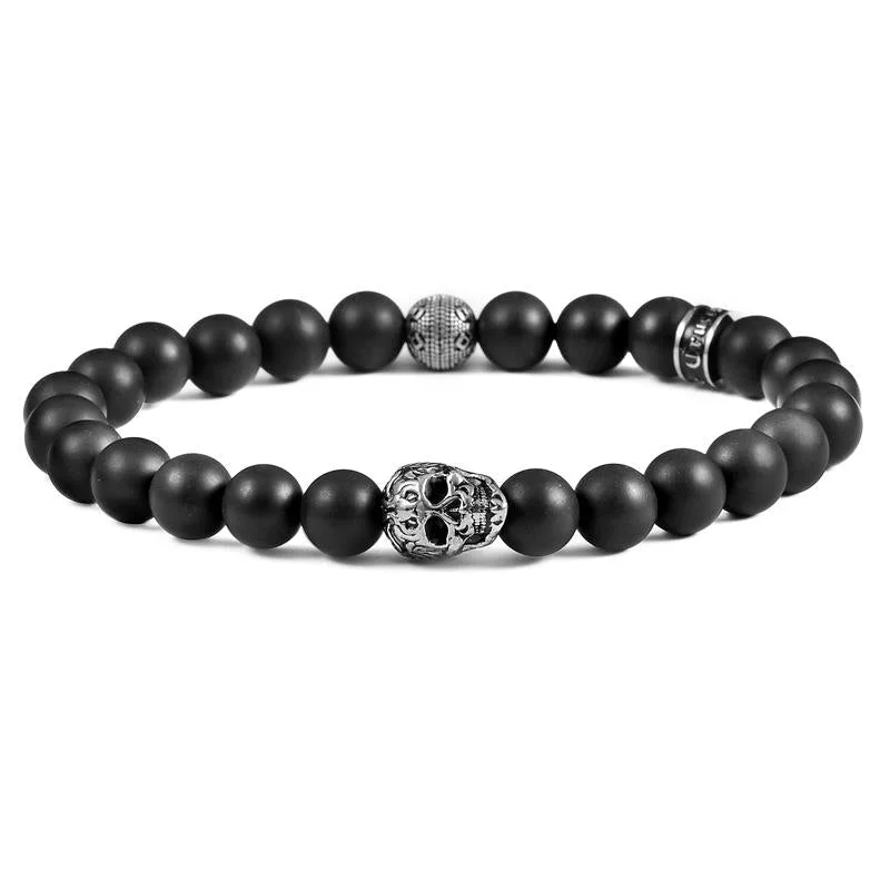 Gemstone-encrusted bangles with sapphires and diamonds for a luxurious touch -Crucible Los Angeles Single Skull Stretch Bracelet with 8mm Matte Black Onyx Beads