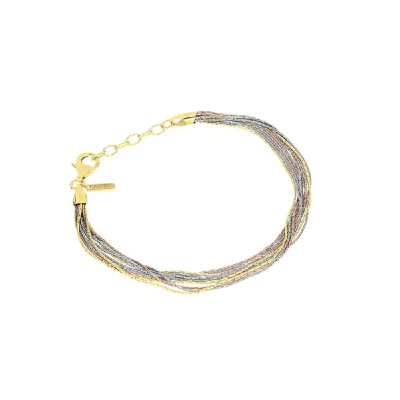 Modern mixed-metal bangles for women who love combining different metal tones -Desmos Spark Tri-Tone Multi Strand Bracelet