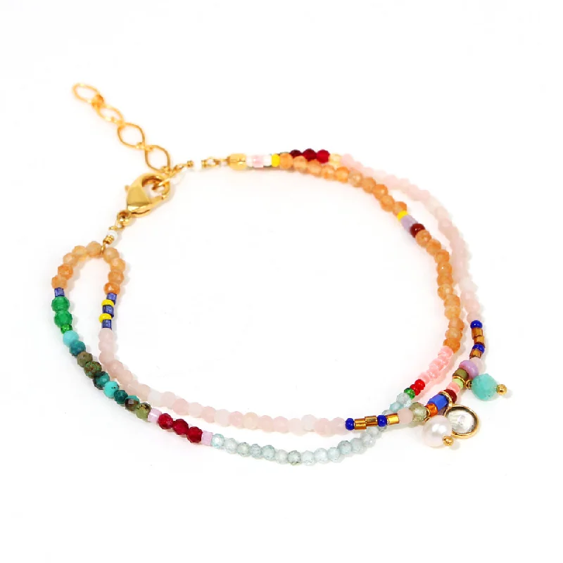 Beautiful bangles with colorful gemstones for a vibrant, fun, and chic look -Double Row Semi-Precious Stone + Glass Bead Bracelet