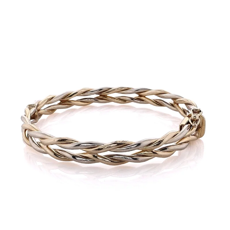 Adjustable bangles with easy-to-wear clasps and customizable fit for comfort -Estate 14 karat White and Yellow Gold Polished Braided Design Hinged Bangle Bracelet