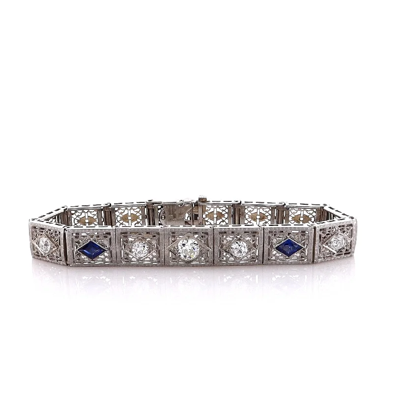 Chunky bangles for a bold fashion statement with textured finishes and styles -Estate 14 Karat White Gold Diamond and Synthetic Sapphire Bracelet