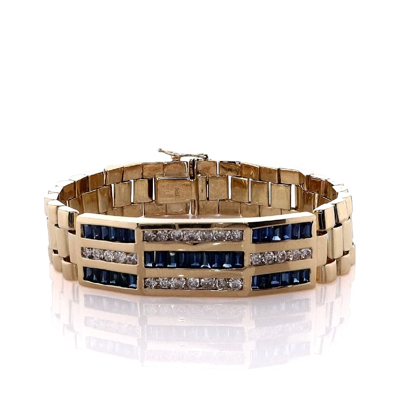 Bold geometric bangles for women who love contemporary, edgy jewelry designs -Estate 14k Yellow Gold Presidential Link Sapphire and Diamond Bracelet