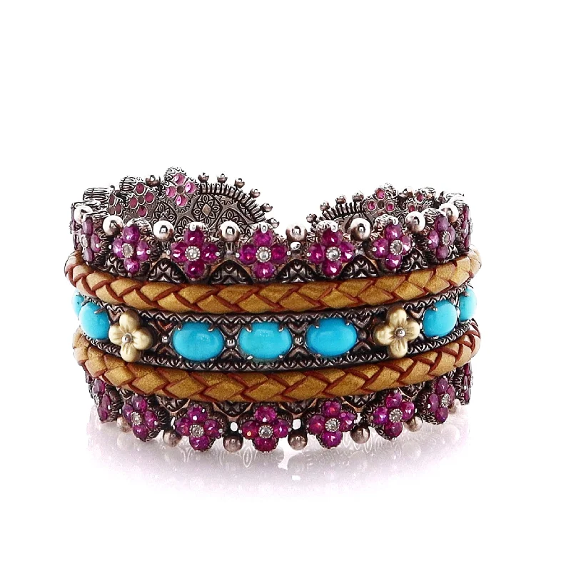 Classic tennis bangles with brilliant diamonds for a luxurious and timeless piece -Estate Bixby Two Tone with Leather Braid Multi-Stone Cuff Bracelet