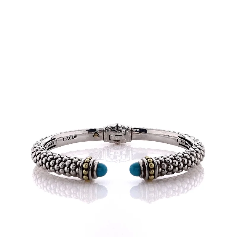 Stackable bangles with intricate designs for women who love trendy, layered looks -Estate Lagos Two-Tone Turquoise Ends Caviar Hinged Cuff Bracelet