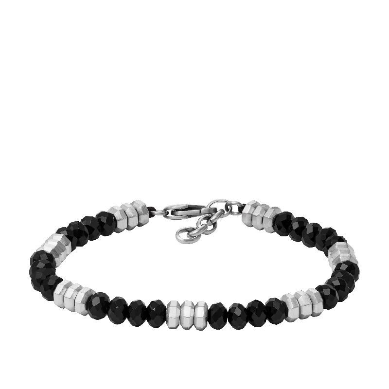 Simple silver bracelets with minimalist designs for everyday wear and elegance -Fossil Men's All Stacked Up Black Agate Beaded Bracelet