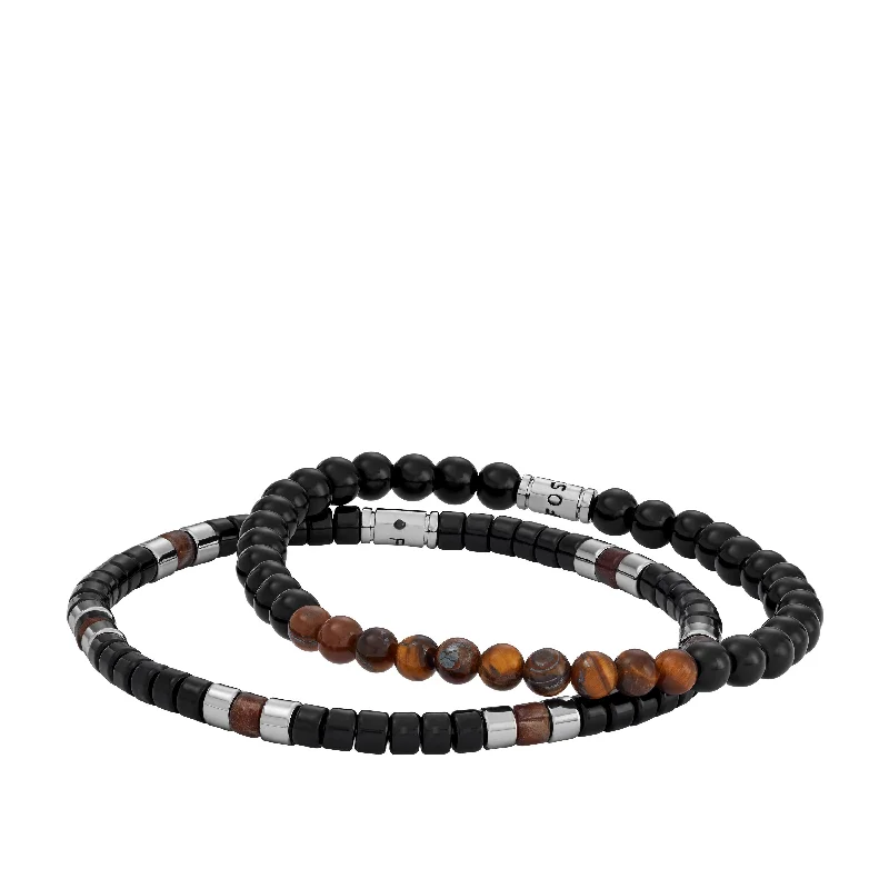 Unique hammered metal bangles for a rustic, hand-crafted design with character -Fossil Men's Black Acrylic Beaded Bracelet Gift Set