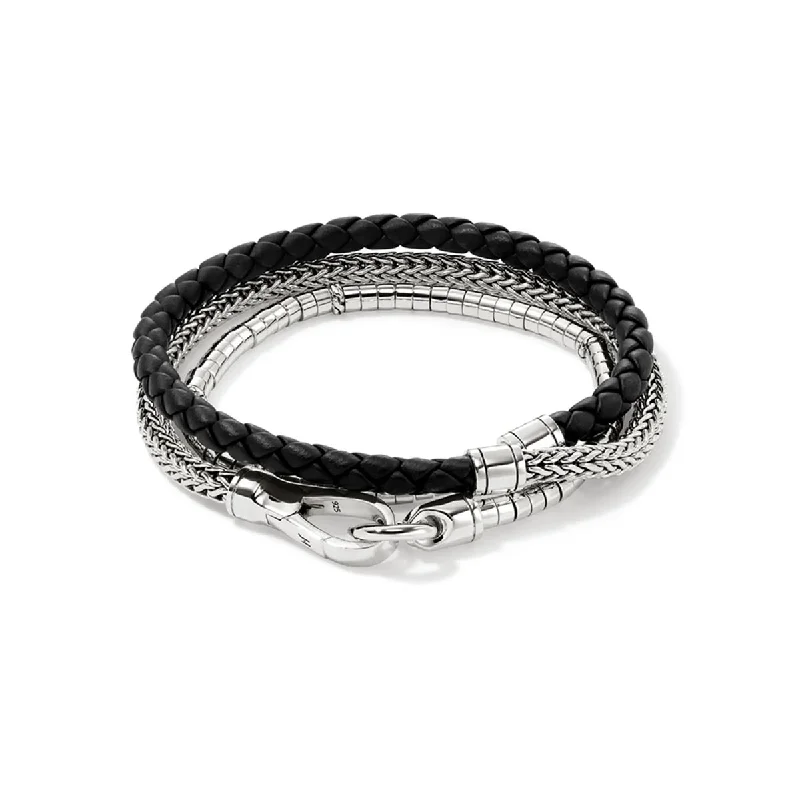 Fashionable stacked bracelets for a layered look with a mix of metals -John Hardy Classic Chain Collection Heishi Triple Wrap Bracelet in Sterling Silver and Black Leather