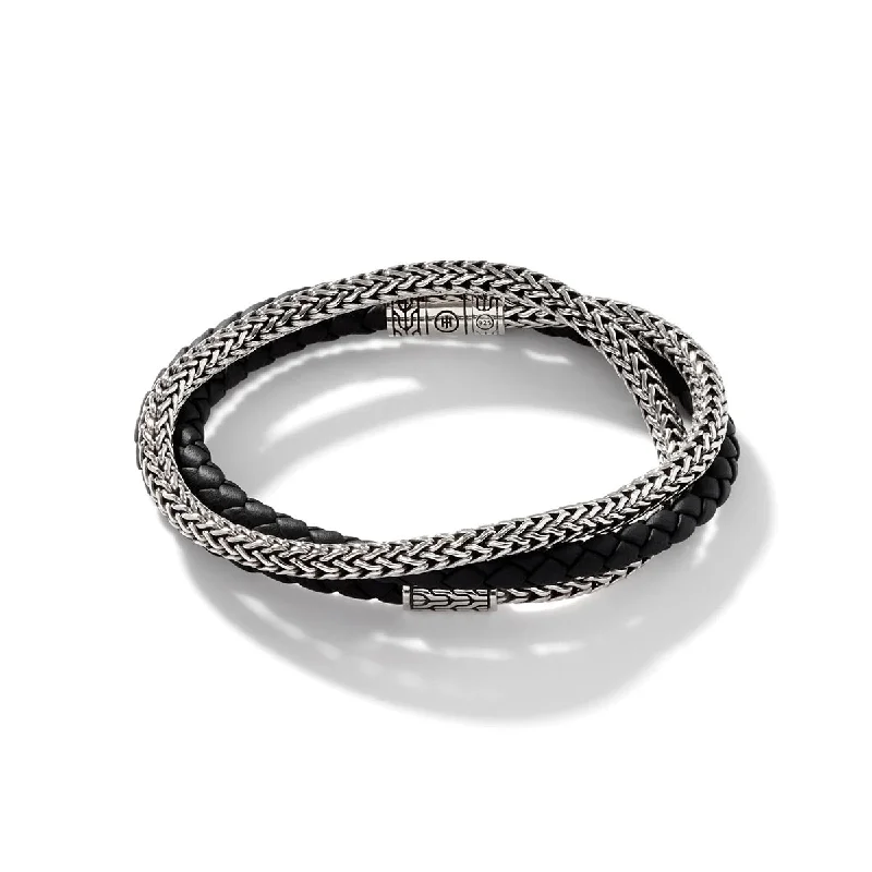 Trendy cuff bracelets with sleek, modern designs for an edgy, fashionable style -John Hardy Classic Chain Collection Mens Triple Wrap Bracelet in Black Leather and Sterling Silver