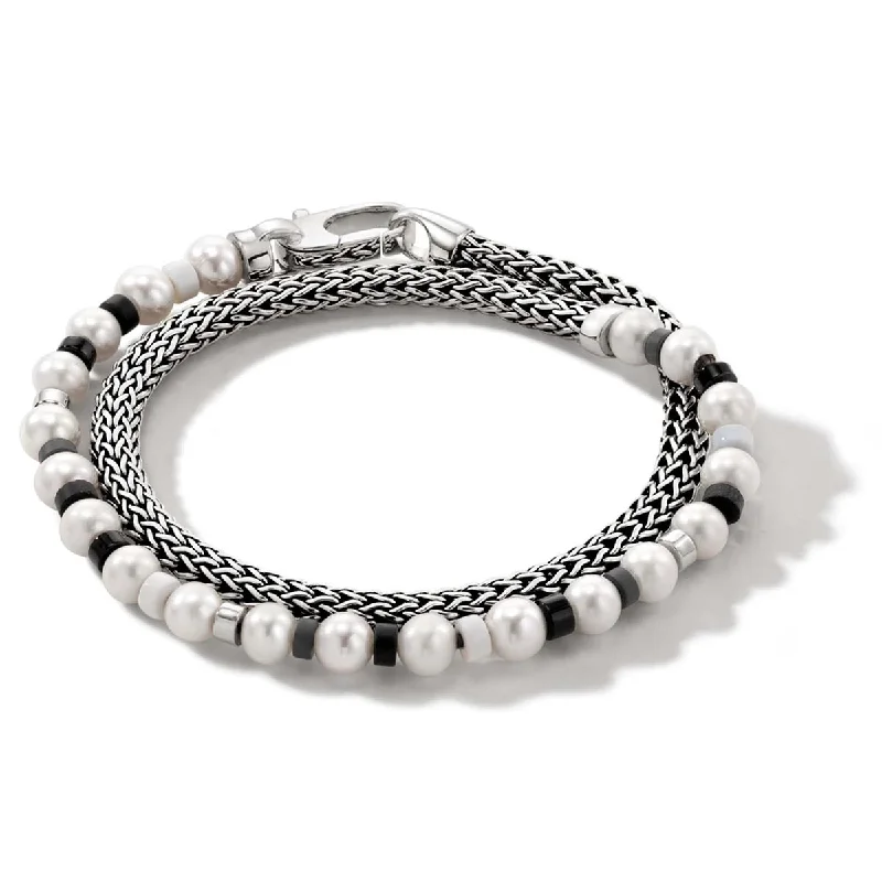 Silver bangles for women who love timeless and classic jewelry designs -John Hardy Colorblock Collection Cultured Freshwater Pearl Black Onyx and Hematite Bead Bracelet in Sterling Silver with White Enamel (5.5-6mm pearls)