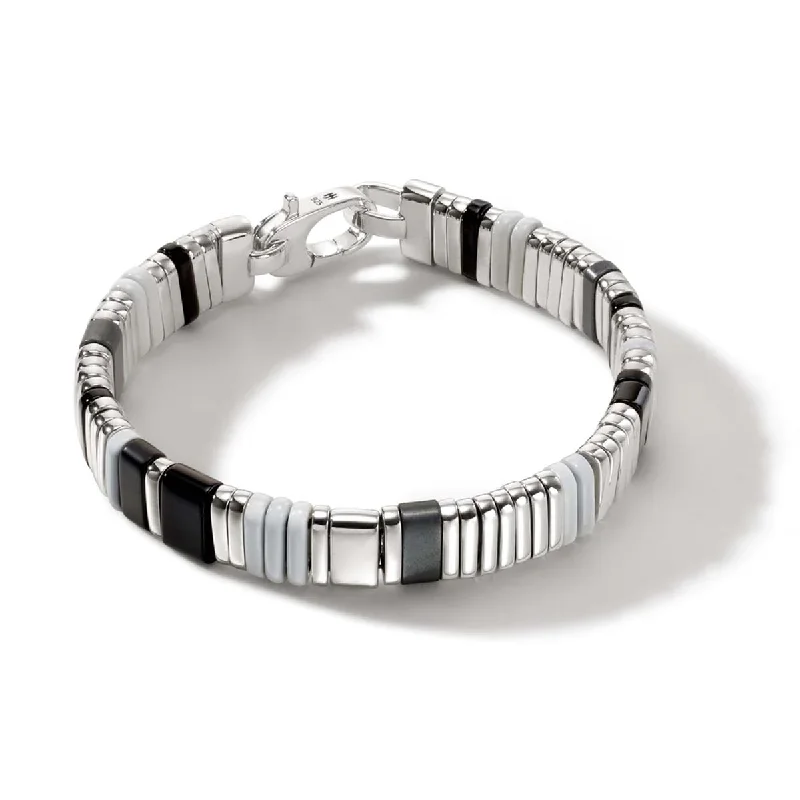 Elegant gold bracelets for women with simple, minimalist designs and elegance -John Hardy Colorblock Collection Hematite and Black Onyx Bead Bracelet in Sterling Silver with White Enamel