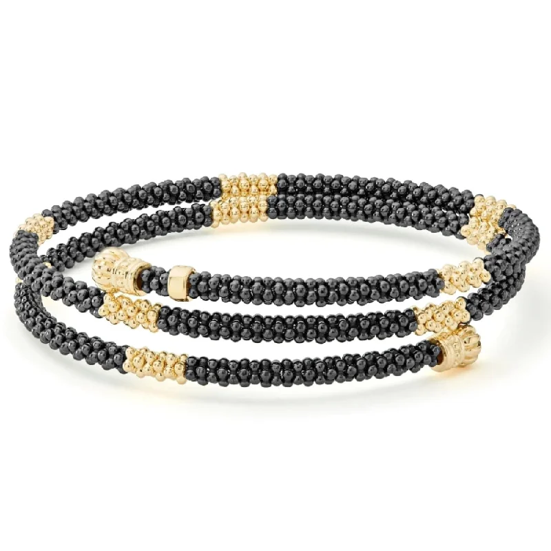 Beautiful bangles with colorful gemstones for a vibrant, fun, and chic look -Lagos 18k Gold Black Caviar Small Station Ceramic Wrap Bracelet, 3mm