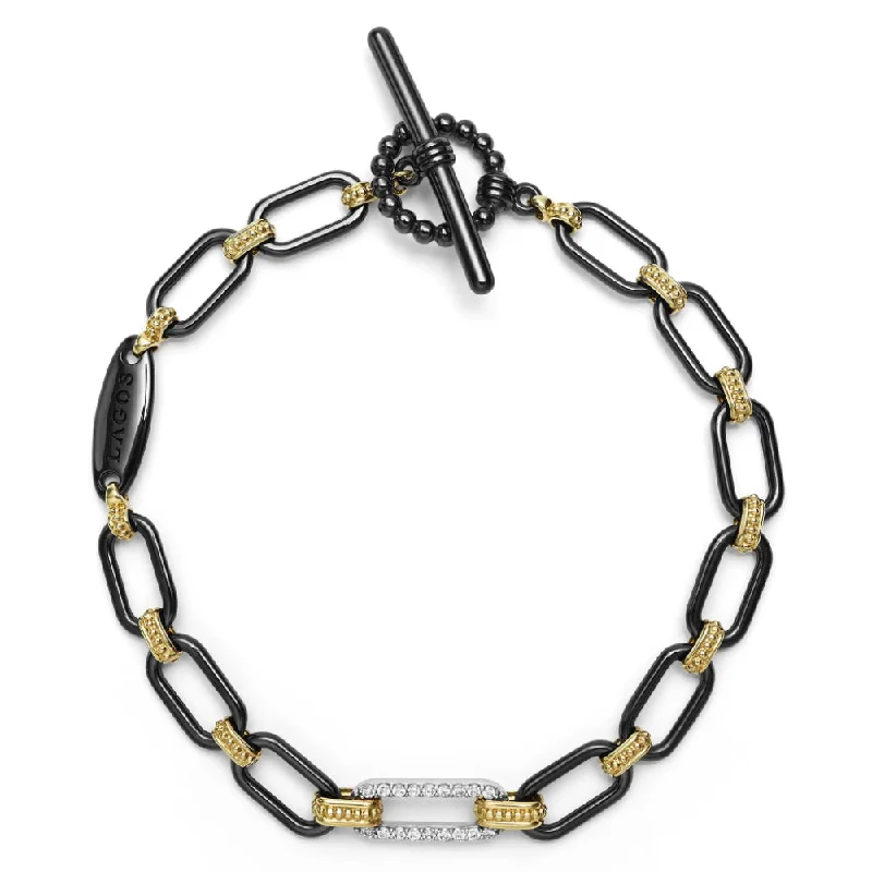 Vintage-inspired bracelets with antique details and intricate craftsmanship for a timeless look -Lagos Signature Caviar 18k Gold and Black Ceramic Diamond Station Link Bracelet, 6mm