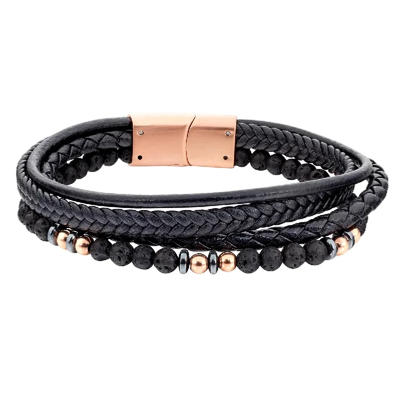 Gold bangles for women who love traditional, elegant accessories for any occasion -Mens Beaded Cord Bracelet in Black Leather and Rose Gold Tone Metal