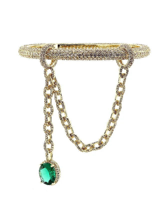 Simple chain bracelets for women who love minimalist, versatile jewelry pieces -Micro Pave CZ Bangle Bracelet w/ Emerald Green CZ