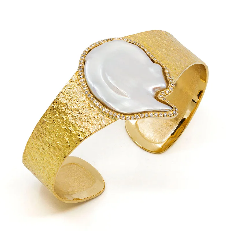 Gemstone-encrusted bangles with sapphires and diamonds for a luxurious touch -Earthy Textured Gold Cuff Bracelet with a Freshwater Keshi Pearl & Diamonds