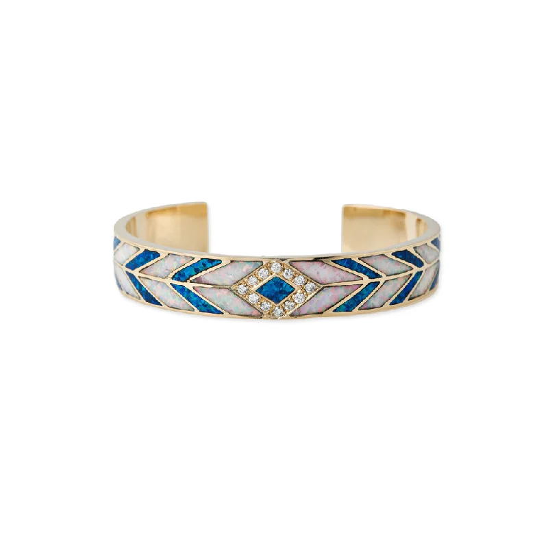 Elegant gold bracelets for women with simple, minimalist designs and elegance -PAVE BLUE OPAL + CHEVRON OPAL INLAY CUFF BRACELET