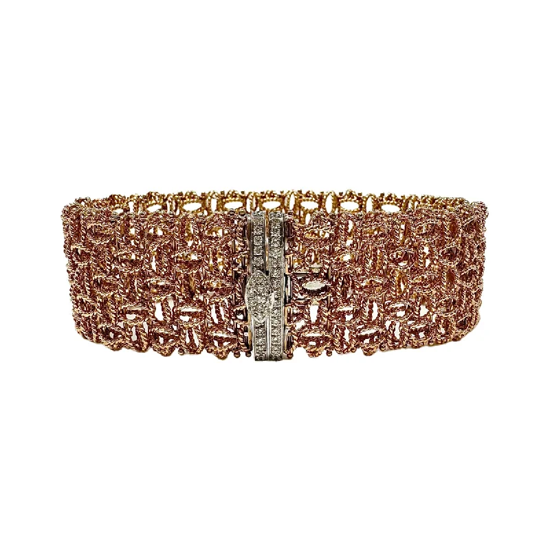 Unique hammered metal bangles for a rustic, hand-crafted design with character -Roberto Coin 18K Rose Gold Mesh Bracelet with 27 Full Cut Diamonds