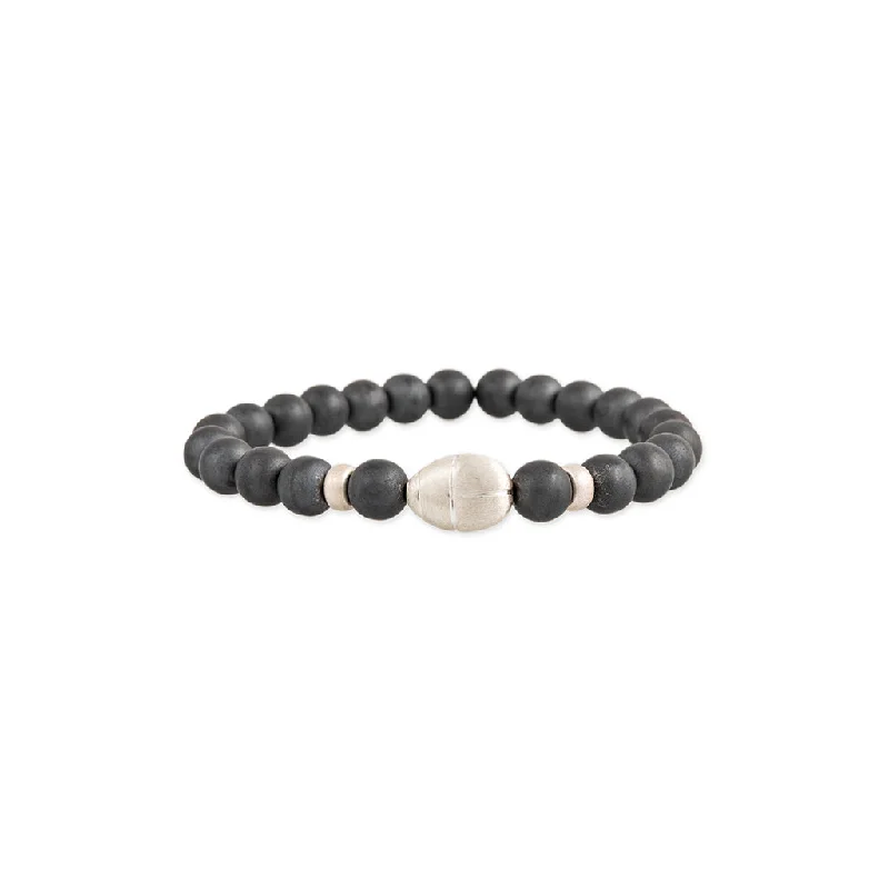 Unique gemstone bracelets with rare stones for an exclusive, eye-catching design -SCARAB + STERLING SILVER AND HEMATITE BEADED STRETCH BRACELET